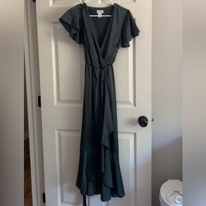 Nicole Miller Dark Green Satin Wrap Midi Dress